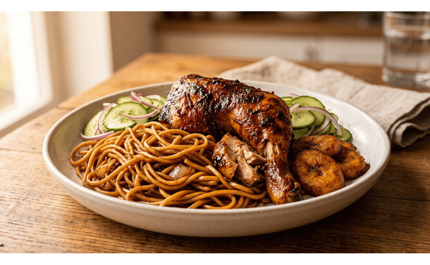 Recette Bami surinamais au poulet caramélisé, plantain & concombre aigre-doux