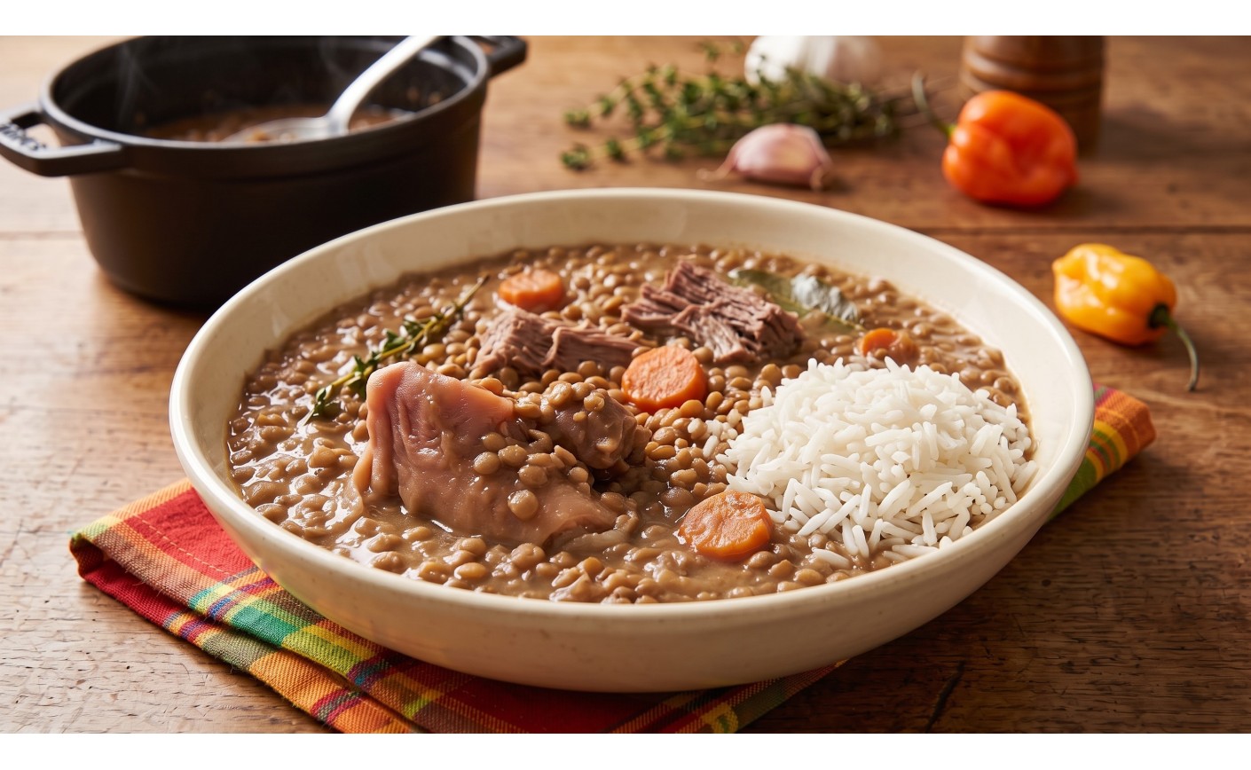 Petit salé antillais aux lentilles Célimène, queues et groins de porc